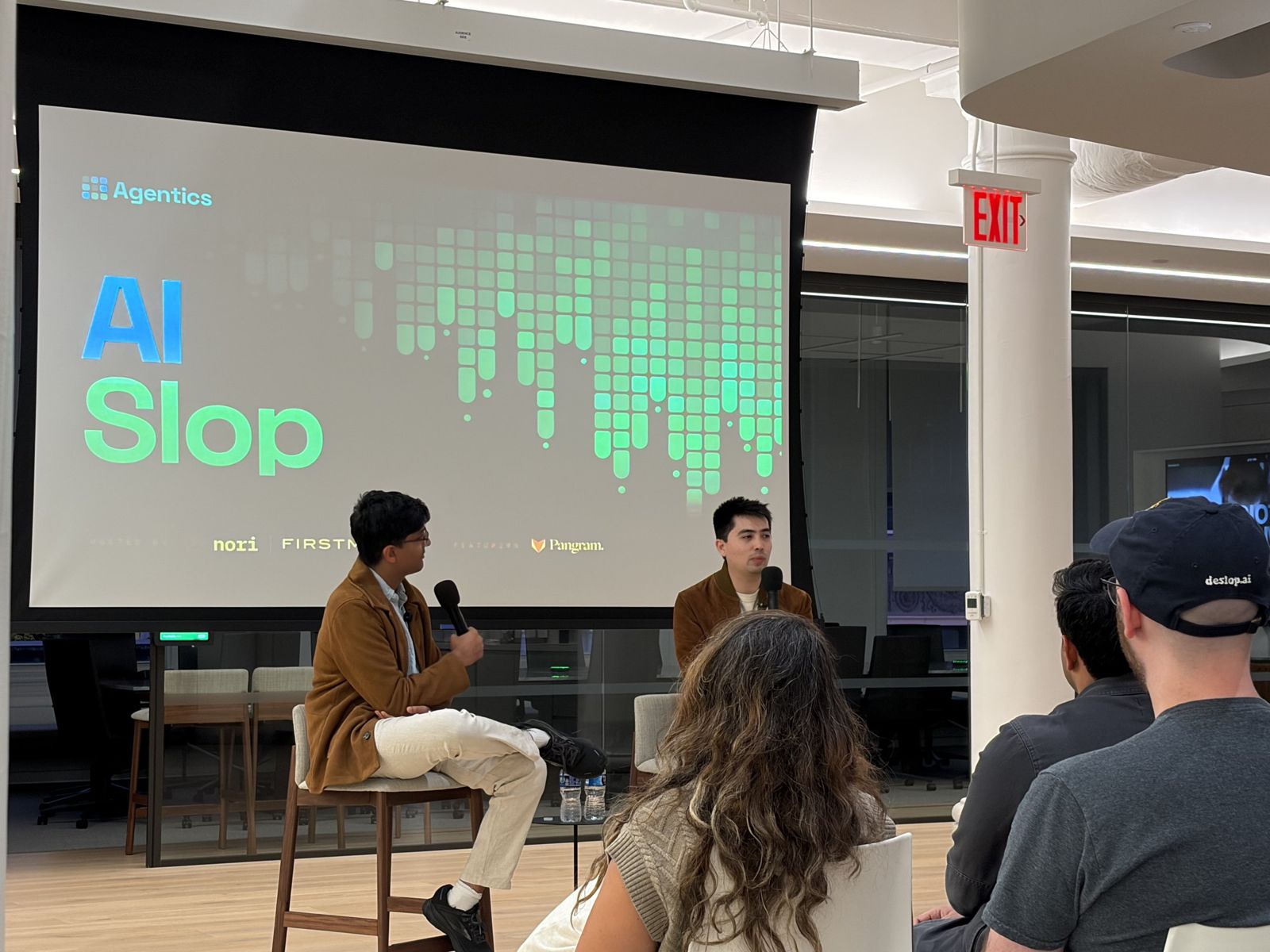 Fireside chat beneath the AI Slop title slide
